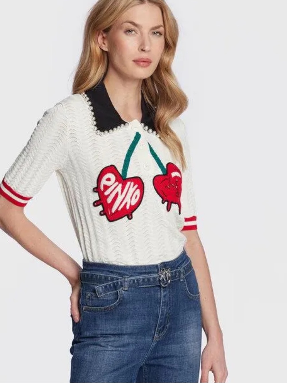 Pinko Rame knit Cherry Embroidery Pearl Sweater Polo - Picture 2 of 6